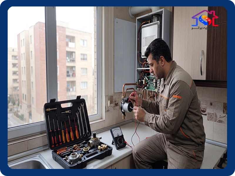 تعمیرکار تهویه برتر در حال بررسی پکیج دیواری یکی از واحدهای فاز ۲ فردیس
