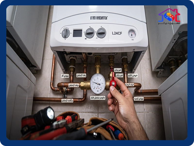 موقعیت شیر پرکن و مانومتر سنجش فشار در زیر بدنه پکیج ایران رادیاتور L24CF