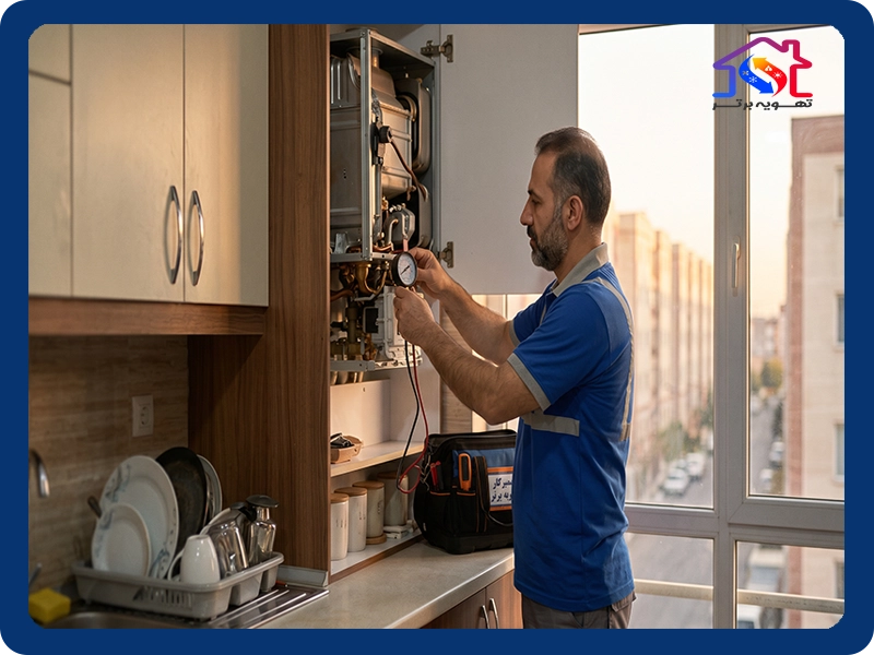 تعمیرکار تهویه برتر در حال بررسی پکیج دیواری یکی از واحدهای فاز ۲ فردیس